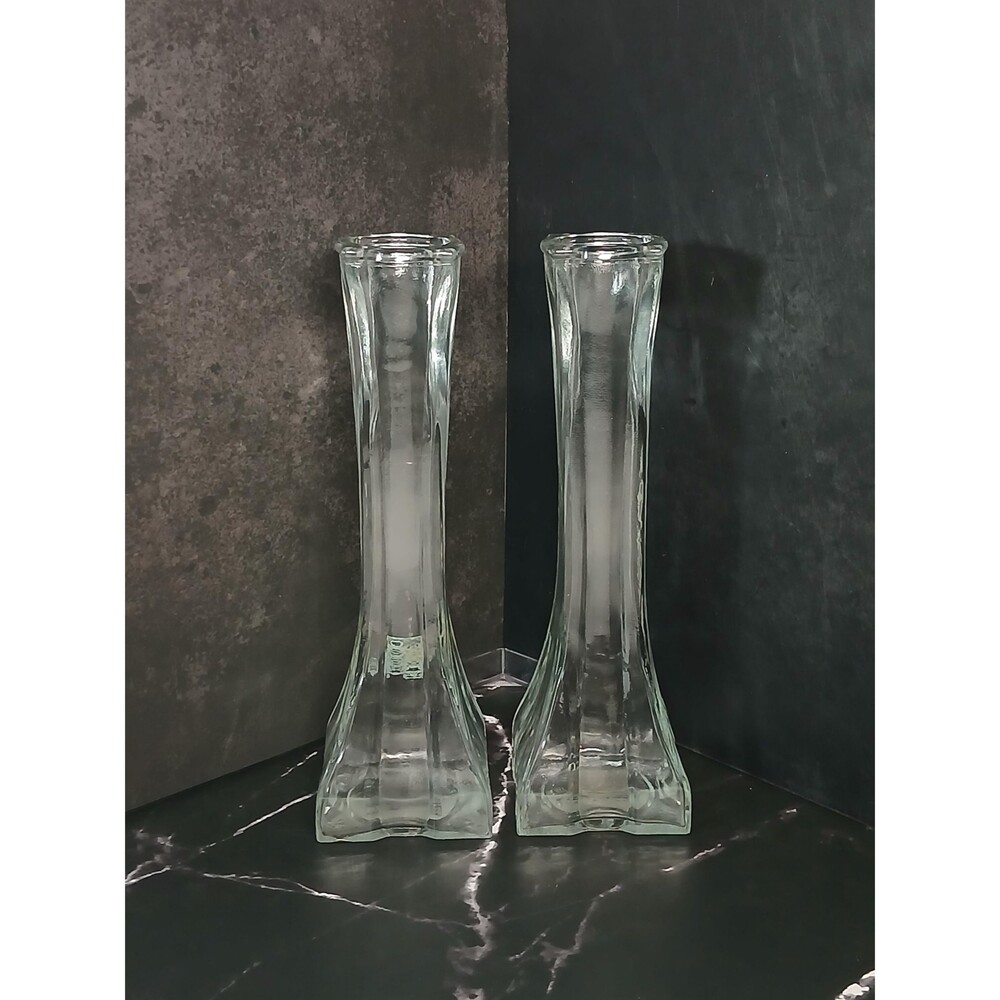 Vintage Clear Glass Bud Vases Pair 8.5" Tall Mid Century Modern Flower Vases